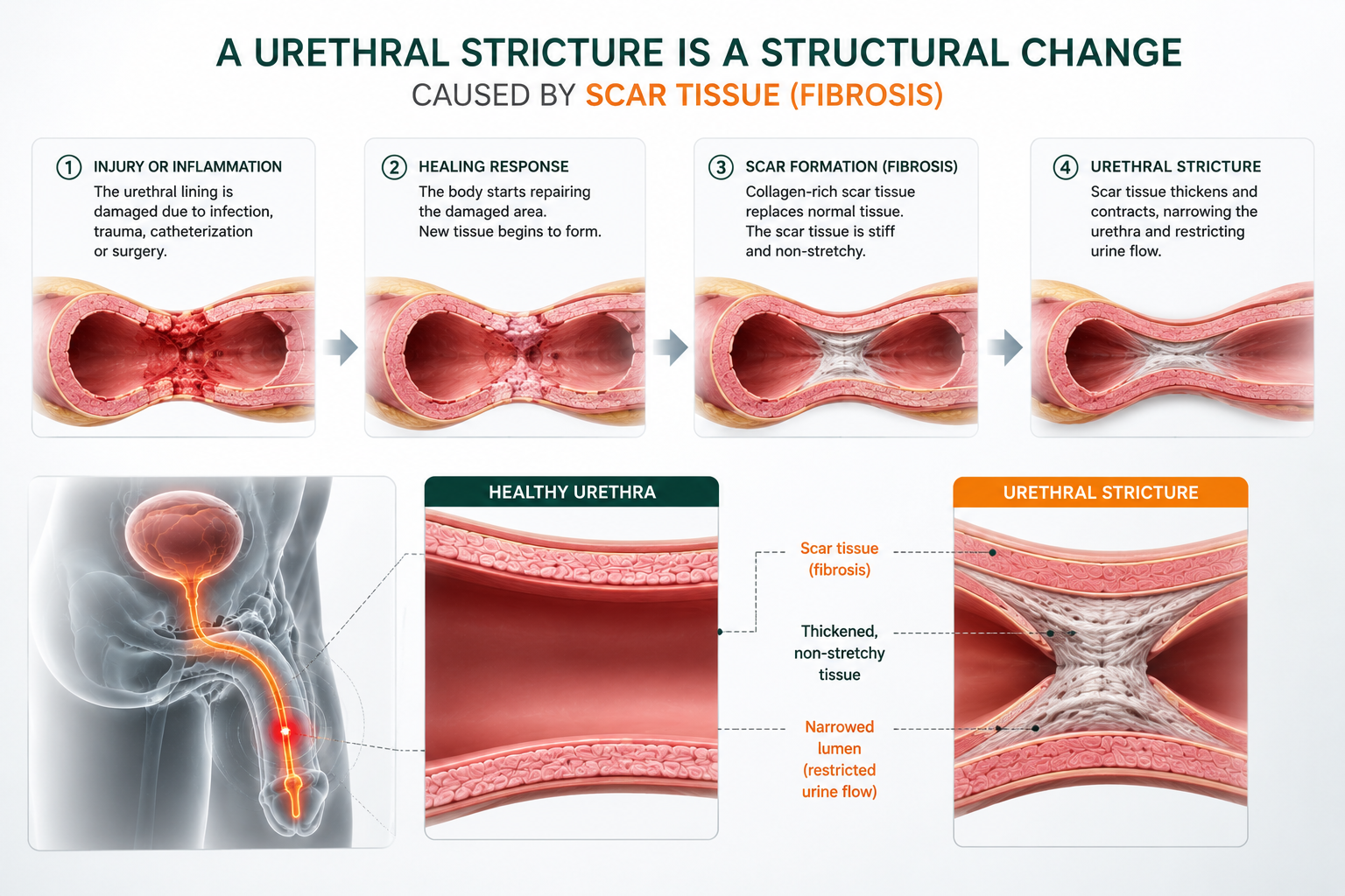 How scar tissue forms inside the urethra and narrows the passage, restricting urine flow